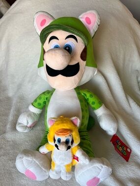 Super Mario Nintendo 24” Cat Luigi with tags and 8” Cat Mario Key Chain Plush